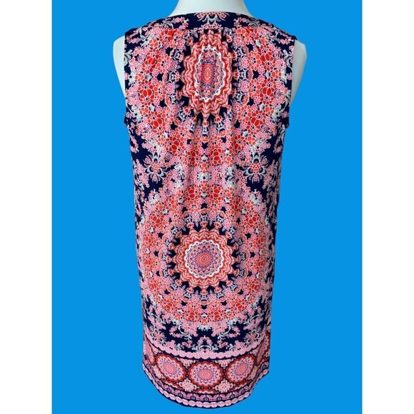 CHICO'S LADIES VNECK RUCHED SLEEVELESS TASSLE TIE ABSTRACT COLORFUL DRESS EUC S - Picture 5 of 5